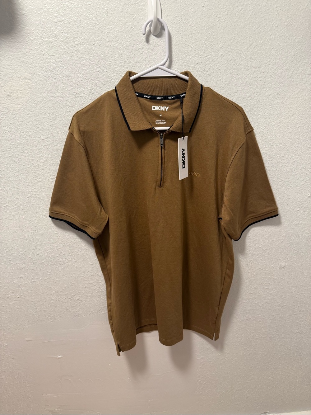 DKNY Brown Short-Sleeve Zip Polo with Contrast Trim